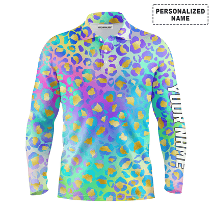 Custom Golf Long Sleeve Men Polo Shirt - Custom Name Multicolor Neon Leopard Pattern Apparel Men Polo Shirt - Personalized Gift For Men, Golf Lover
