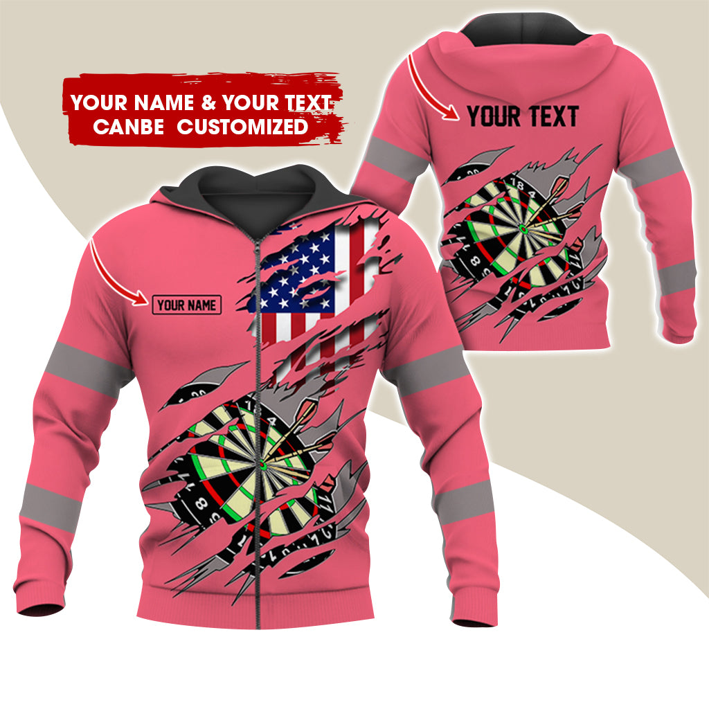 Customized Name & Text American Flag Darts Premium Zip Hoodie, Personalized Dartboard Zip Hoodie For Men & Women - Gift For Darts Lovers, Darts Players