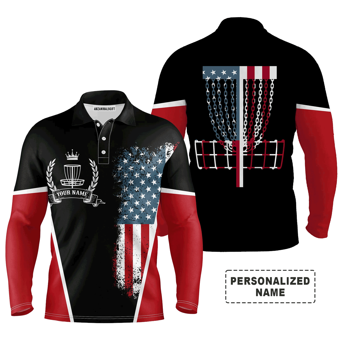 Custom Golf Disc Long Sleeve Men Polo Shirt - Custom Name American Flag with Disc Golf Basket Apparel - Best Gift For Men, Disc Golf Lover