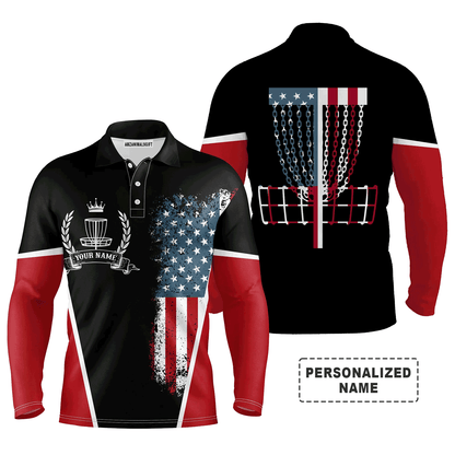 Custom Golf Disc Long Sleeve Men Polo Shirt - Custom Name American Flag with Disc Golf Basket Apparel - Best Gift For Men, Disc Golf Lover