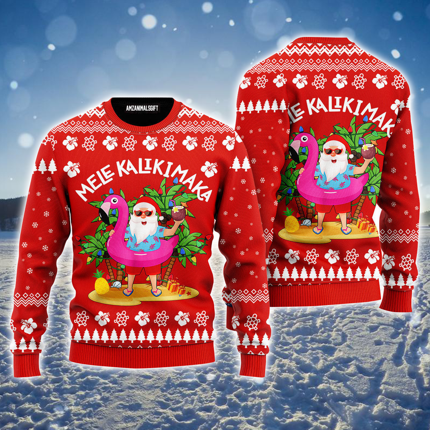 Hawaiian Santa Ugly Sweater, Mele Kalikimaka Ugly Sweater, Funny Hawaiian Santa Claus Red Ugly Sweater For Men & Women, Perfect Gift For Christmas, Family