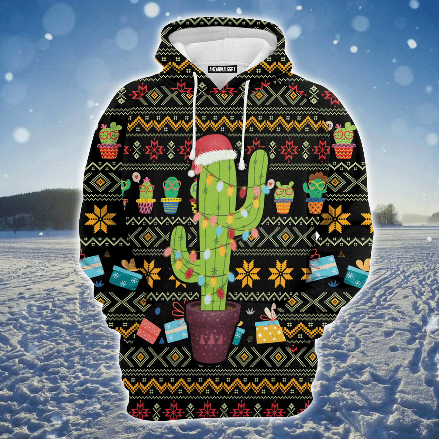 Cactus Premium Christmas Hoodie, Cactus Light Xmas Christmas Unisex Hoodie For Men & Women - Perfect Gift For Christmas, Friends, Family