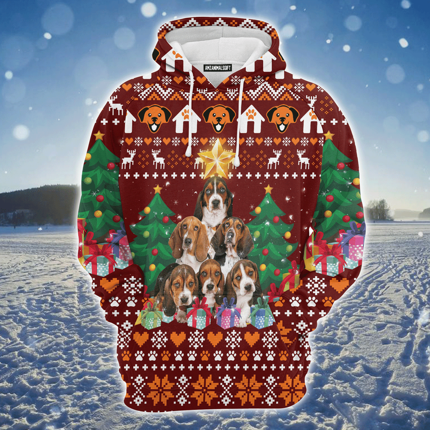 Basset Hound Premium Christmas Hoodie, Basset Hound Pine Tree Christmas Unisex Hoodie For Men & Women - Perfect Gift For Christmas, Friends, Family