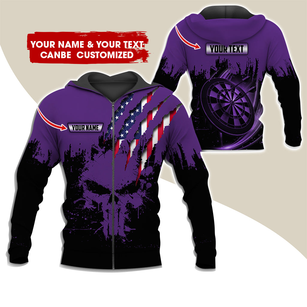 Customized Name & Text Skull Darts Premium Zip Hoodie, Personalized American Flag Zip Hoodie For Men & Women - Gift For Darts Lovers, Darts Players