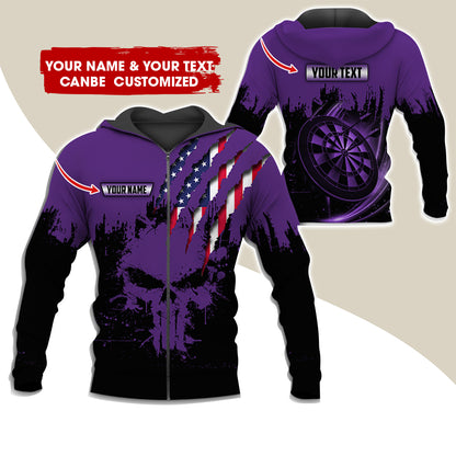 Customized Name & Text Skull Darts Premium Zip Hoodie, Personalized American Flag Zip Hoodie For Men & Women - Gift For Darts Lovers, Darts Players