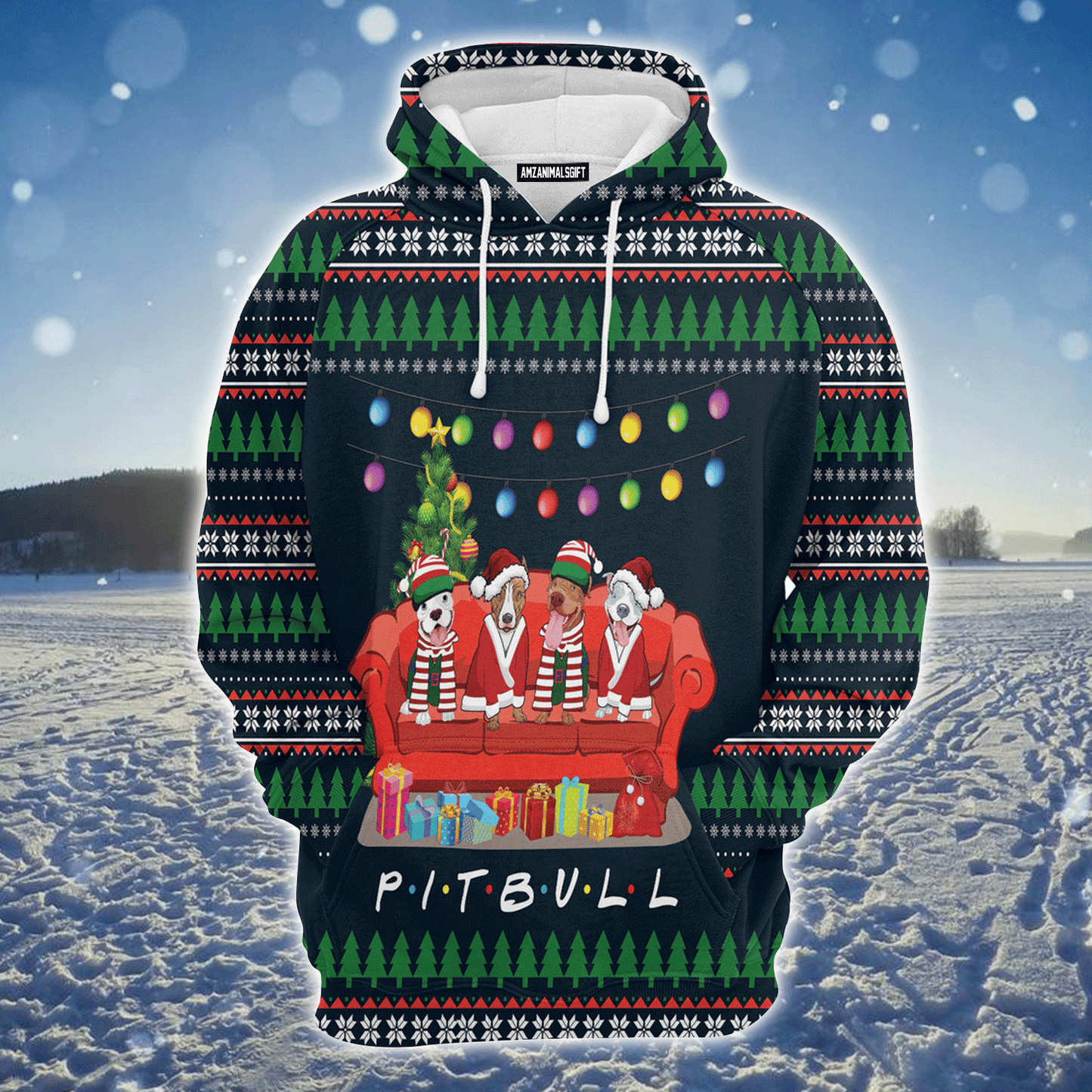 Pit Bull Xmas Premium Christmas Hoodie, Pit Bull Friends On Red Sofa Unisex Hoodie For Men & Women - Perfect Gift For Christmas, Pit Bull Lovers