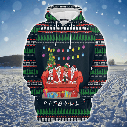 Pit Bull Xmas Premium Christmas Hoodie, Pit Bull Friends On Red Sofa Unisex Hoodie For Men & Women - Perfect Gift For Christmas, Pit Bull Lovers