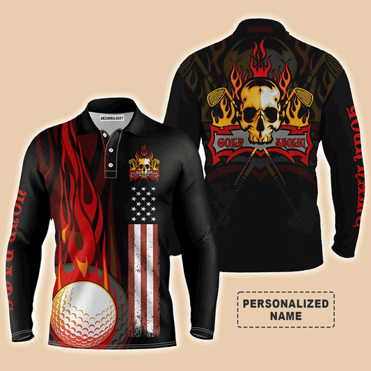 Custom Golf Long Sleeve Men Polo Shirt - Flame Skull Golf Ball American Flag Custom Name Men Golf Polo Shirt - Perfect Polo Shirt For Men, Golfers