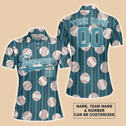 Customized Baseball Women Polo Shirt, Teal Baseball Striped Pattern Custom Polo Shirt - Perfect Polo Shirt For Women, Baseball Lovers