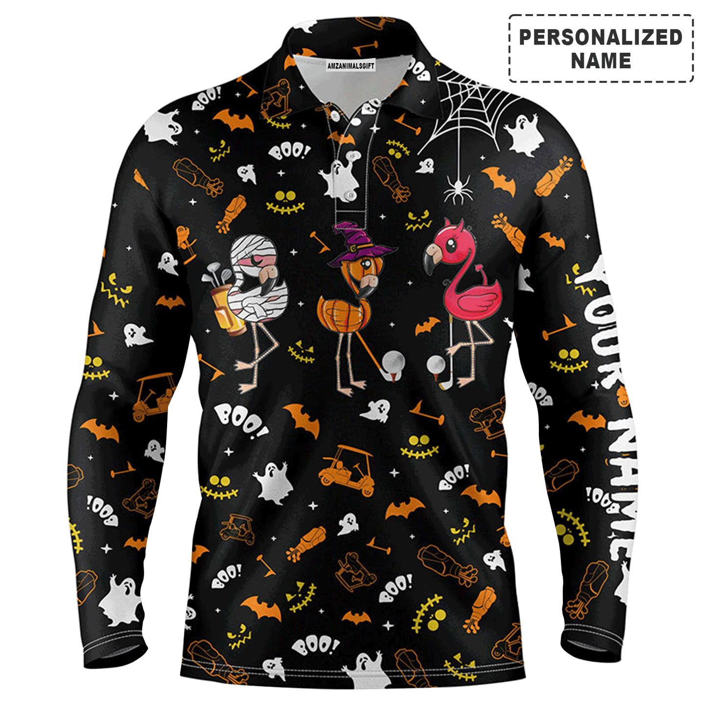 Custom Golf Long Sleeve Men Polo Shirt, Custom Name Orange Black Halloween Background Flamingo Apparel - Perfect Gift For Men, Golf Lovers