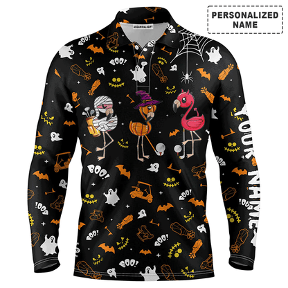 Custom Golf Long Sleeve Men Polo Shirt, Custom Name Orange Black Halloween Background Flamingo Apparel - Perfect Gift For Men, Golf Lovers