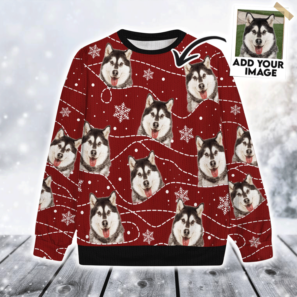 Custom Pet Sweater - Personalized Pet Photo, Funny Snow And Line Wine Color Sweater Funny, Perfect Gift For Dog Lovers, Friend, Family
