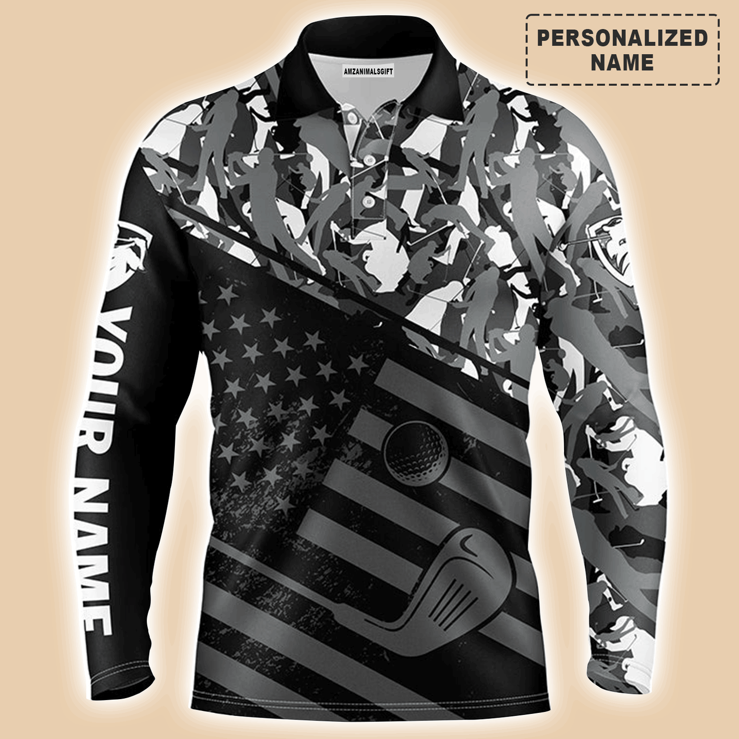 Custom Golf Long Sleeve Men Polo Shirt, Camo Polo Custom Name, Black American Flag Patriotic Apparel - Perfect Gift For Men, Golf Lovers