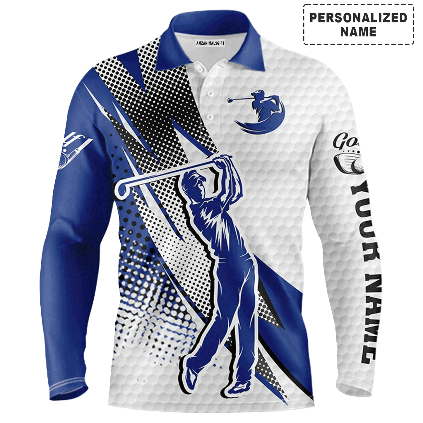 Custom Golf Long Sleeve Men Polo Shirt - Custom Name White And Blue Apparel - Personalized Gift For Men, Golf Lover