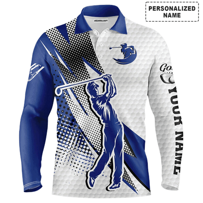Custom Golf Long Sleeve Men Polo Shirt - Custom Name White And Blue Apparel - Personalized Gift For Men, Golf Lover