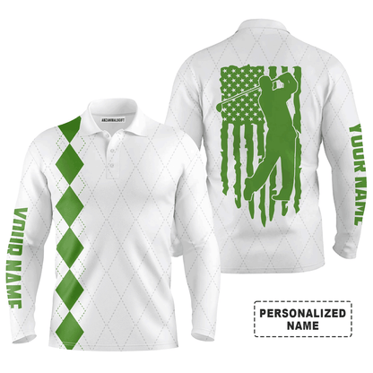 Custom Golf Long Sleeve Men Polo Shirt - Custom Name Green American Flag Apparel- Personalized Gift For Golf Lover, Team, Husband, Boyfriend, 4th July