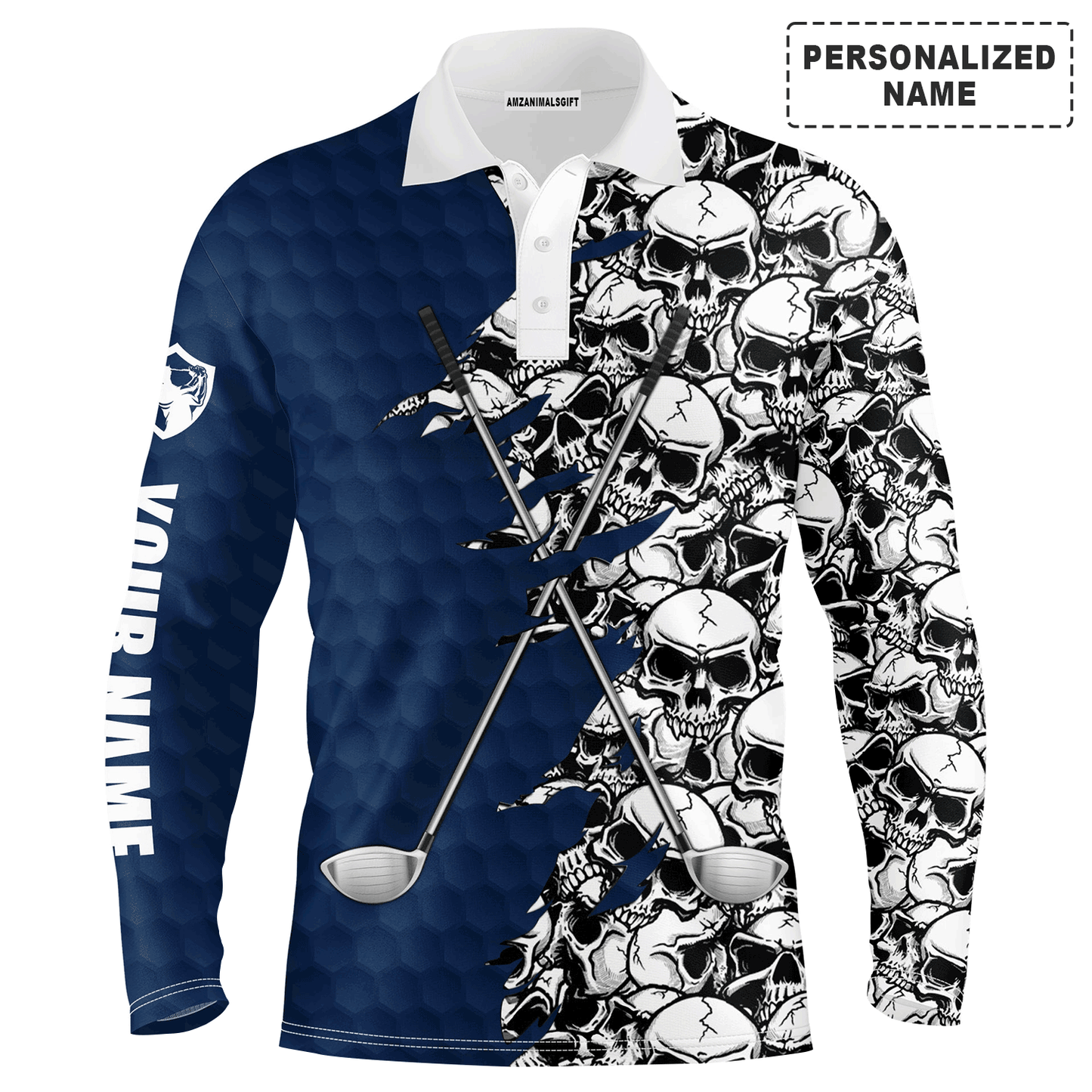 Golf Men Polo Shirts, Blue Pattern Skull golf Clubs Custom Name Golf Performance Apparel - Personalized Gift For Men, Husband, Boyfriend, Lovers