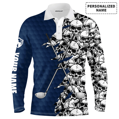 Golf Men Polo Shirts, Blue Pattern Skull golf Clubs Custom Name Golf Performance Apparel - Personalized Gift For Men, Husband, Boyfriend, Lovers
