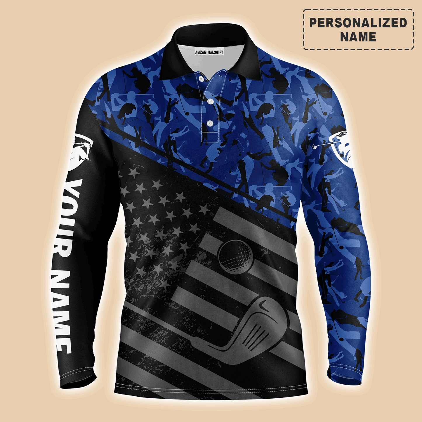 Custom Golf Long Sleeve Men Polo Shirt-Black American Flag Patriotic Camo Pattern Custom Name Apparel-Personalized Gift For Golf Lover, Team, 4th July