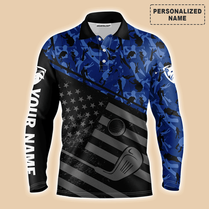 Custom Golf Long Sleeve Men Polo Shirt-Black American Flag Patriotic Camo Pattern Custom Name Apparel-Personalized Gift For Golf Lover, Team, 4th July