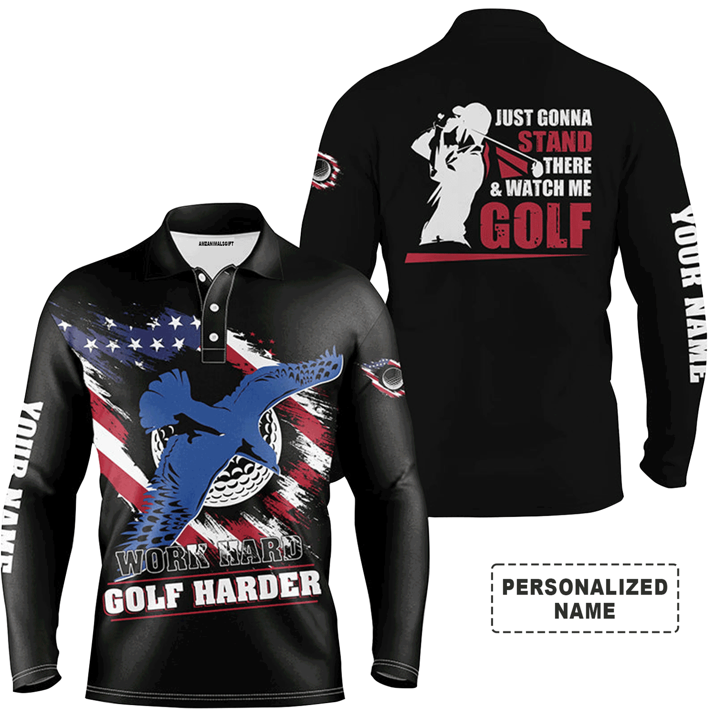 Custom Golf Long Sleeve Men Polo Shirt - Work hard Golf harder Albatross American Flag Polo Shirt, Golf Shirt For Men, Golf Lover