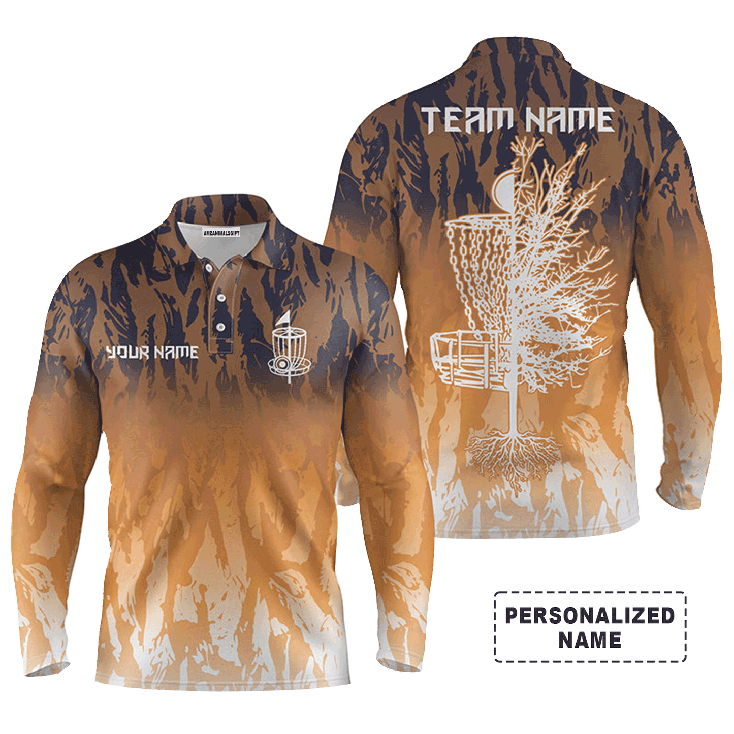 Custom Disc Golf Long Sleeve Men Polo Shirt - Custom Name Orange Camo Disc Golf Basket Apparel - Personalized Gift For Men, Disc Golf Lover