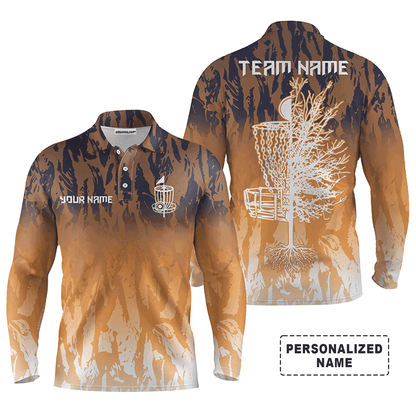 Custom Disc Golf Long Sleeve Men Polo Shirt - Custom Name Orange Camo Disc Golf Basket Apparel - Personalized Gift For Men, Disc Golf Lover