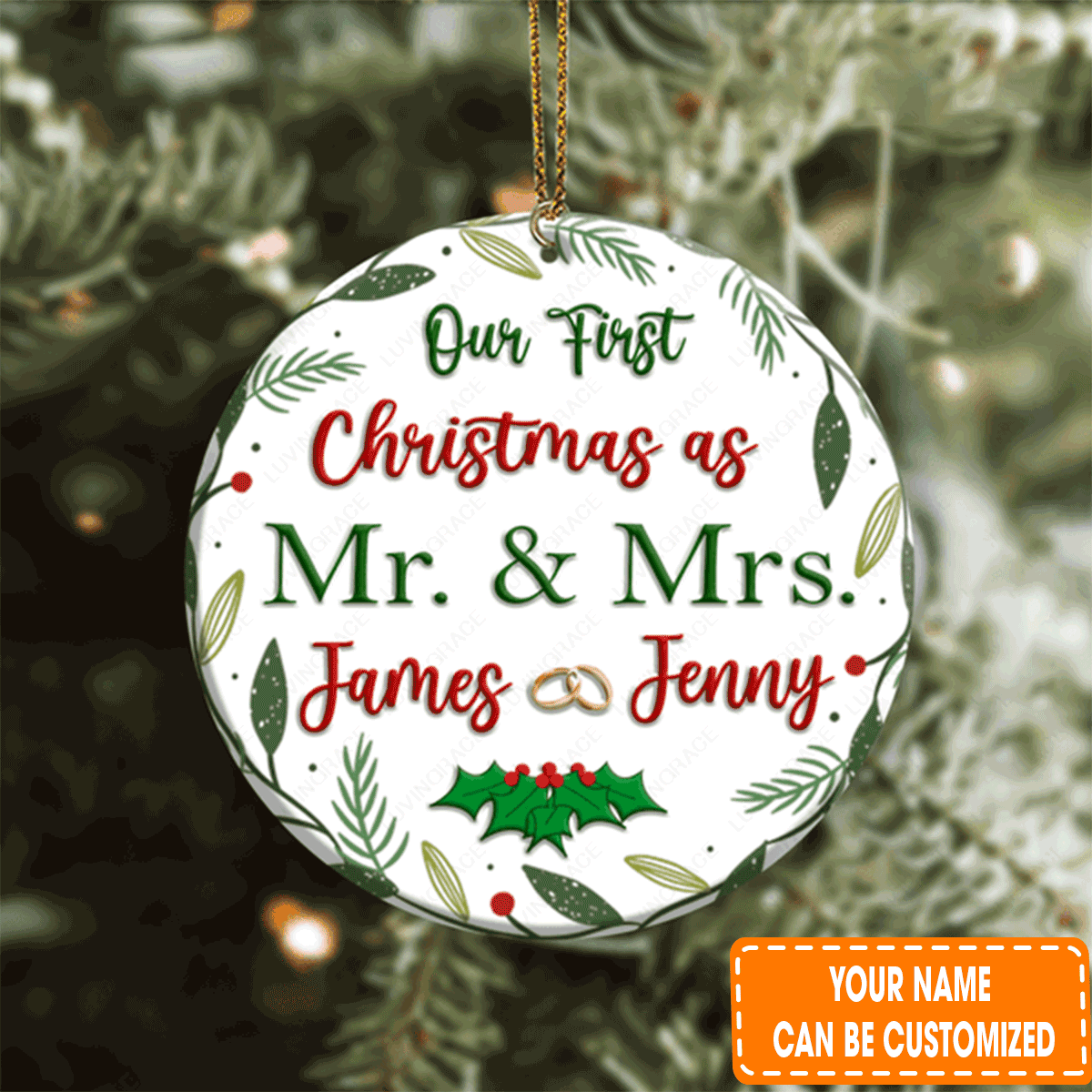 Custom Jesus Acrylic Ornament, Personalized Floral Frame Couple Rings Our First Christmas Acrylic Ornament For Christian, Holiday Decor