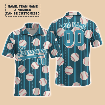 Customized Baseball Men Polo Shirt, Teal Baseball Striped Pattern Custom Polo Shirt - Perfect Polo Shirt For Men, Baseball Lovers