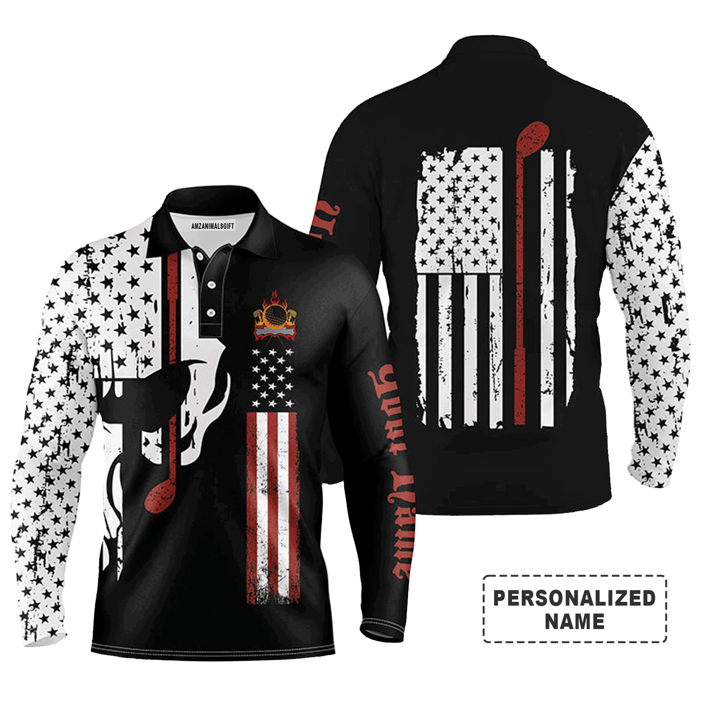 Custom Golf Long Sleeve Men Polo Shirt - Custom Name American Flag Skull Apparel - Personalized Gift For Men, Golf Lover, Team, Husband, 4th July