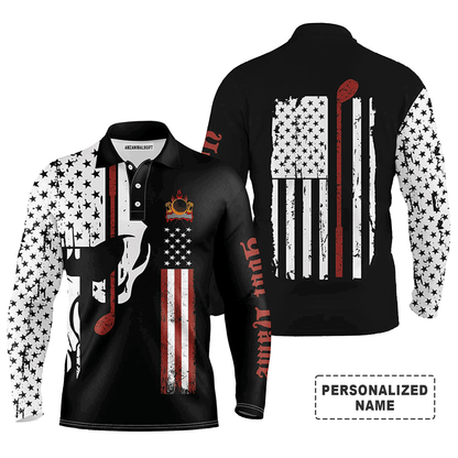 Custom Golf Long Sleeve Men Polo Shirt - Custom Name American Flag Skull Apparel - Personalized Gift For Men, Golf Lover, Team, Husband, 4th July