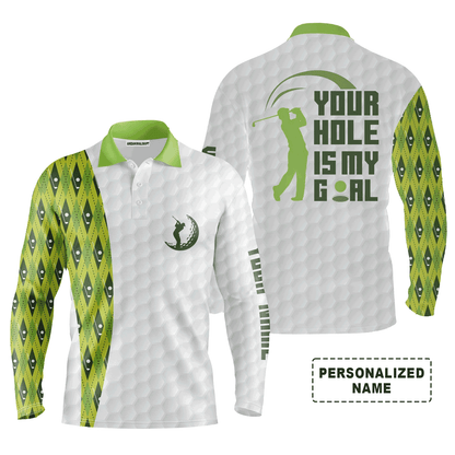 Golf Men Polo Shirts - Your Hole Is My Goal Green Argyle Pattern Polo Shirt, White And Green Golfing Shirt For Male Golfers - Perfect Gift For Men