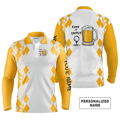 Custom Golf Long Sleeve Men Polo Shirt - Custom Name White Yellow Argyle Pattern Apparel -Keep It Simple Golf Polo Shirt For Men, Golf Lover