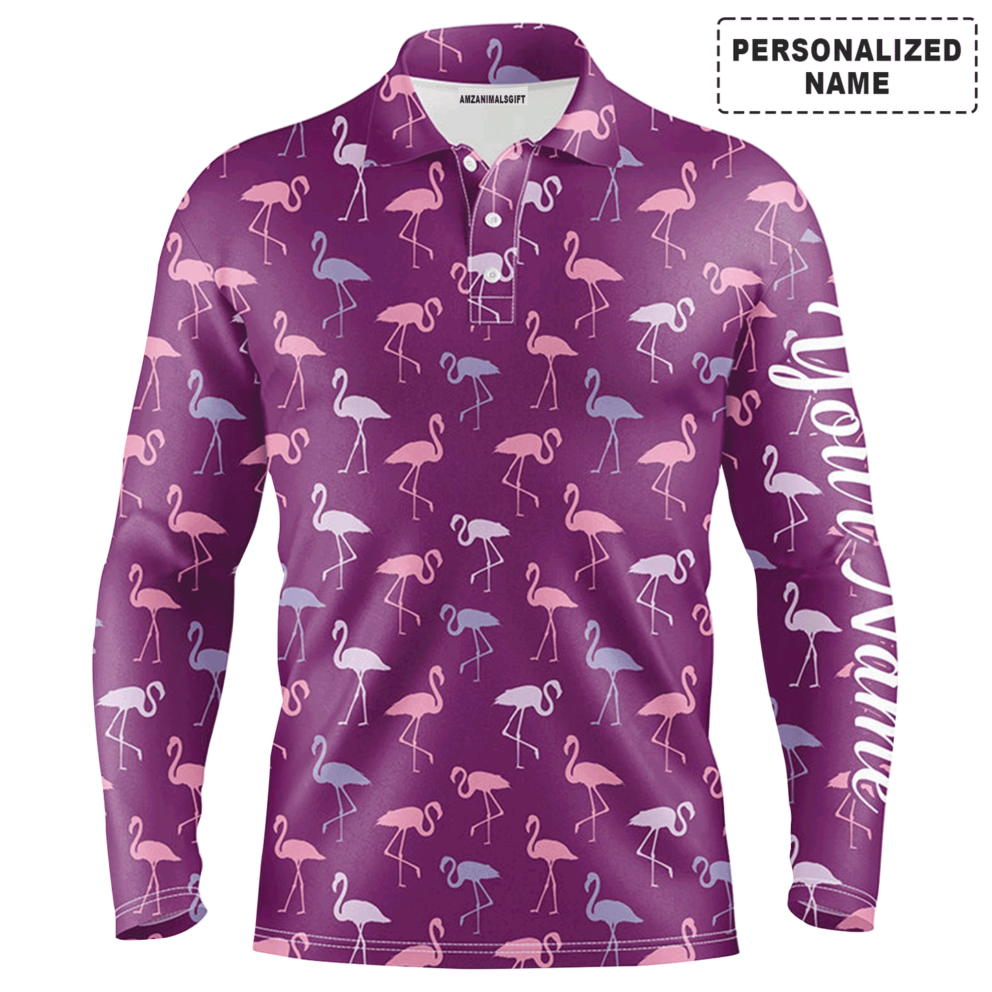 Custom Golf Long Sleeve Men Polo Shirt - Custom Name Flamingos Birds Pattern Tropical Purple Apparel - Personalized Gift For Men, Golf Lover