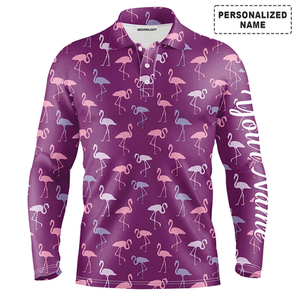 Custom Golf Long Sleeve Men Polo Shirt - Custom Name Flamingos Birds Pattern Tropical Purple Apparel - Personalized Gift For Men, Golf Lover