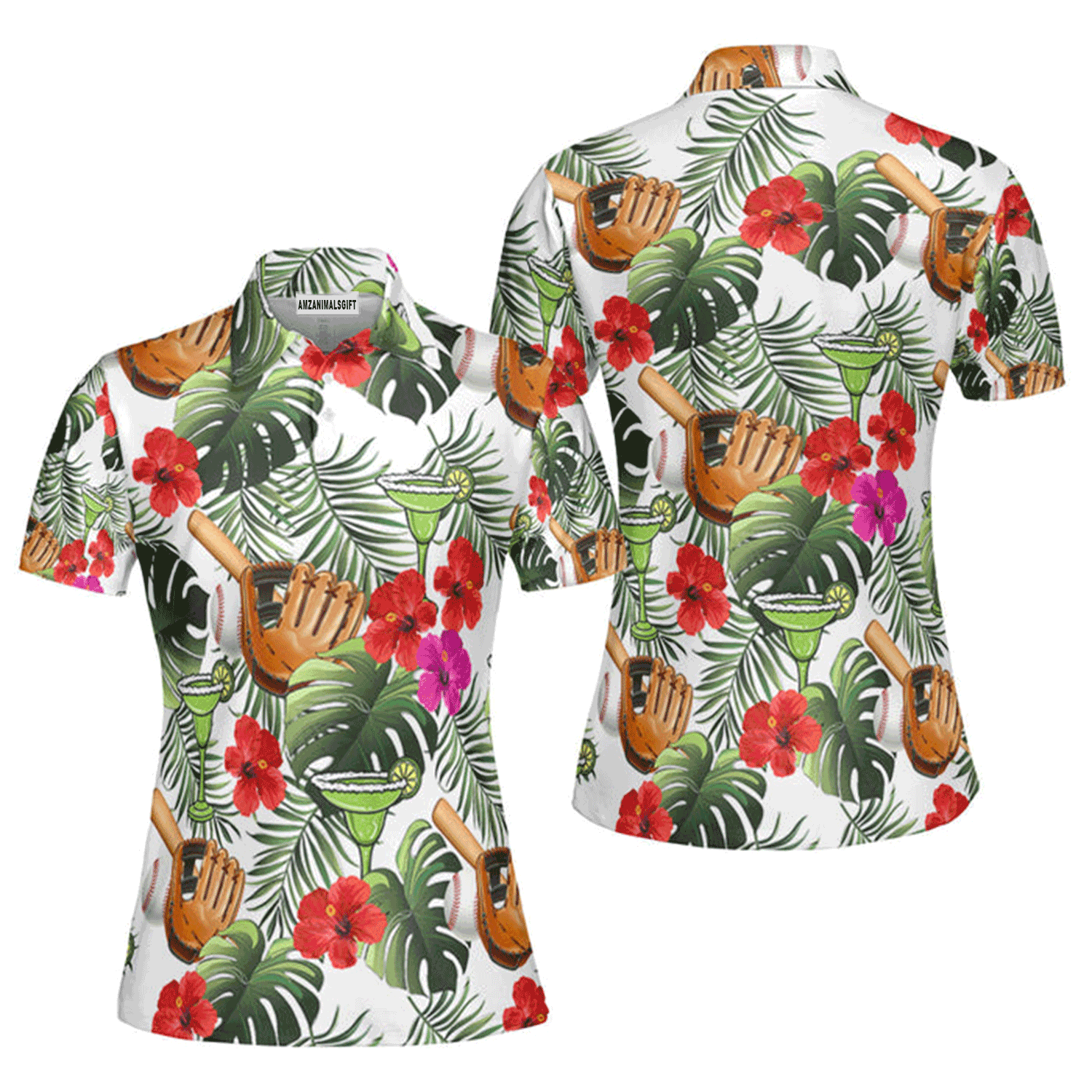 Baseball Women Polo Shirt, Baseball Tropical Leaves Summer Holiday Polo Shirt For Women, Perfect Polo Shirt For Baseball Lovers
