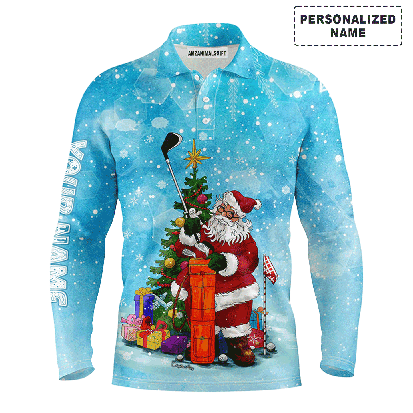 Custom Golf Long Sleeve Men Polo Shirt - Custom Name Christmas Blue Snow Winter Santa Golfer Apparel- Personalized Gift For Golf Lover, Friend, Family