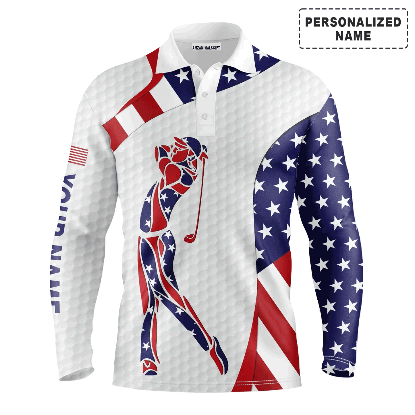 American Flag 4th of July Golf Long Sleeve Men Polo Shirt - Custom Name American Flag Polo Shirts - Personalized Gift For Men, Golf Lover