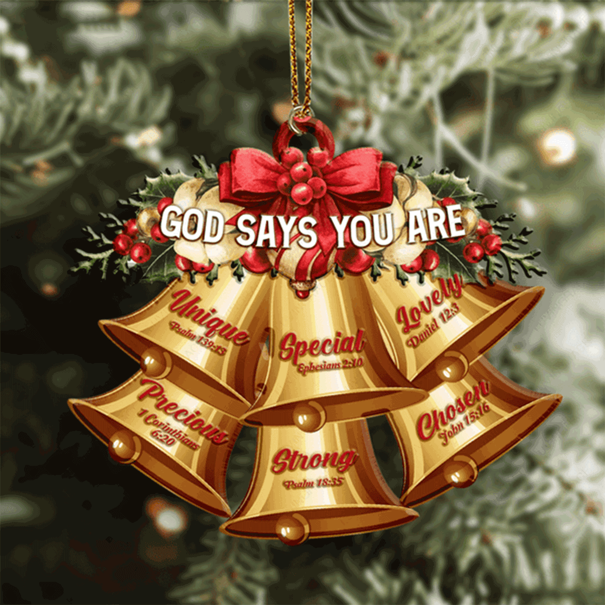 Jesus Acrylic Ornament, Red Christmas Flower Golden Bells God Says You Are Acrylic Ornament For Christian, God Faith Believers