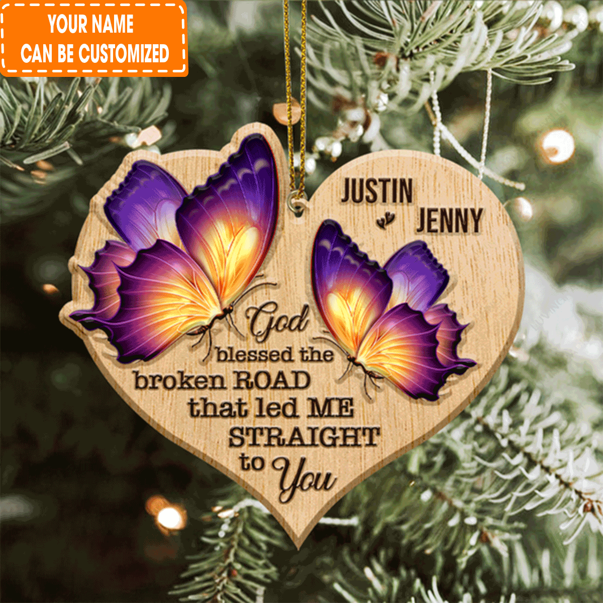 Custom Jesus Acrylic Ornament, Personalized Heart Butterfly Couple God Blessed Acrylic Ornament For Christian, Holiday Decor