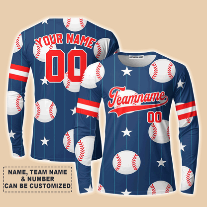 Customized Baseball Long Sleeve Shirt, Navy Baseball Striped Pattern Blue Custom Long Sleeve Shirt - Perfect Long Sleeve Shirt For Men & Woman, Baseball Lovers