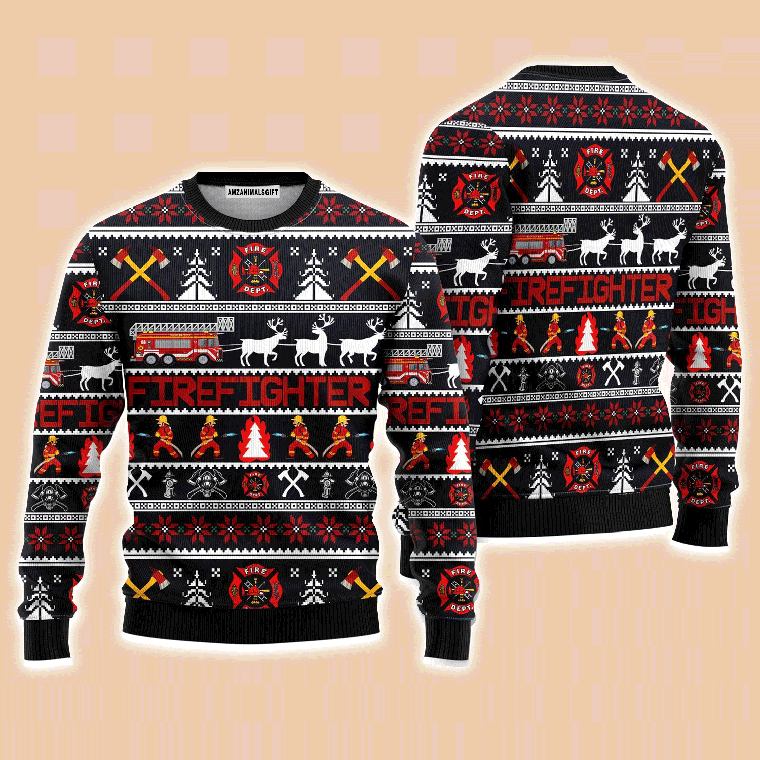 Reindeer Pulling Fire Truck Sweater, Ugly Sweater For Men & Women, Perfect Outfit For Christmas New Year Autumn Winter