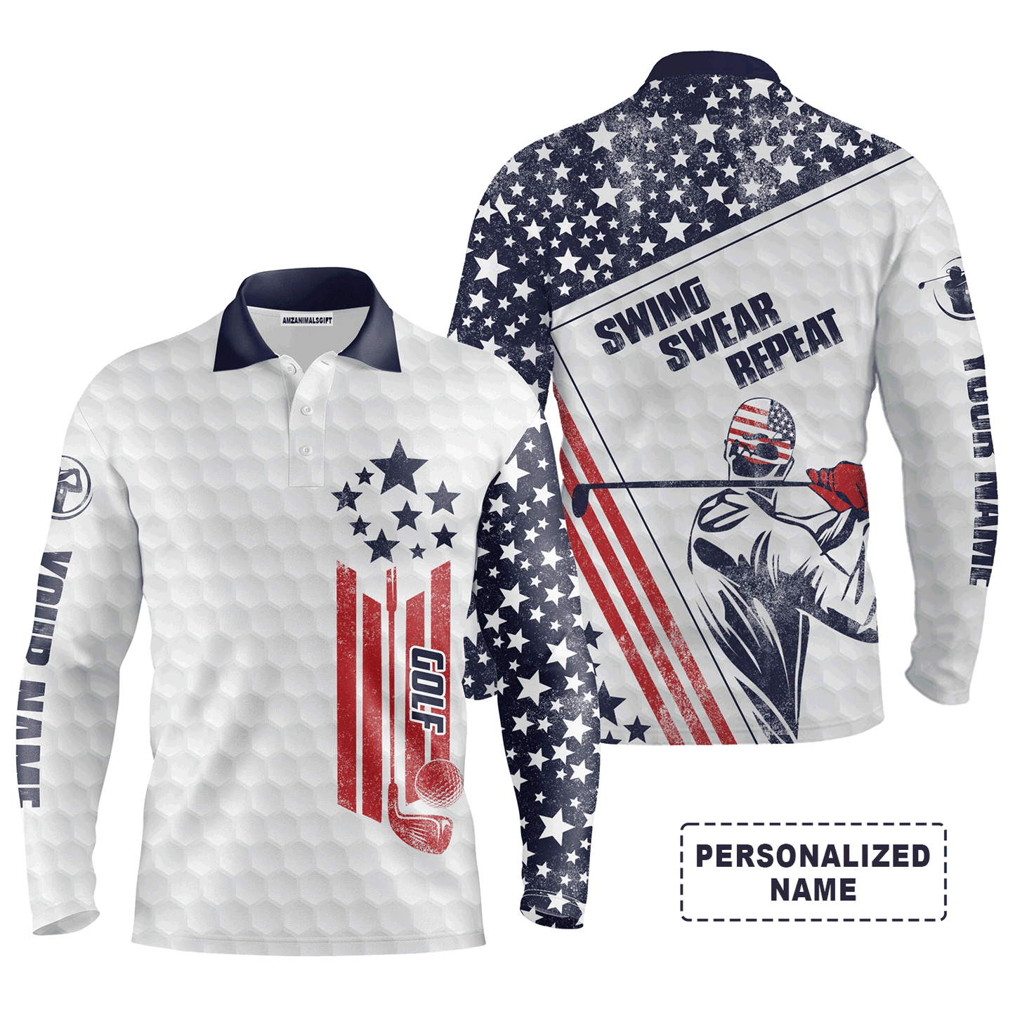 Golf Men Polo Shirt, Custom Name White American Flag Swing Swear Repeat Apparel - Personalized Sports Gift For Golf Lover, Male, Husband, Patriotic