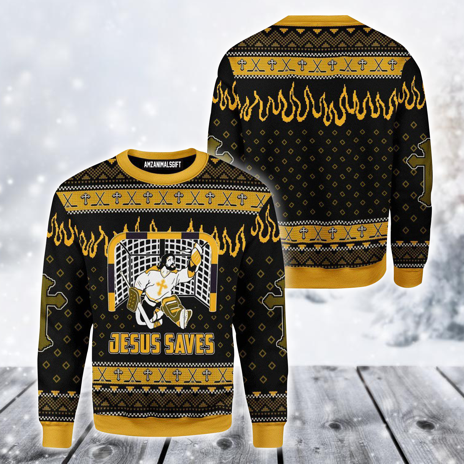 Jesus Ugly Sweater, Jesus & Hockey Ugly Sweater, Jesus Saved Funny Sweater For Men & Women, Perfect Gift For Hockey Lover, Friends, Family