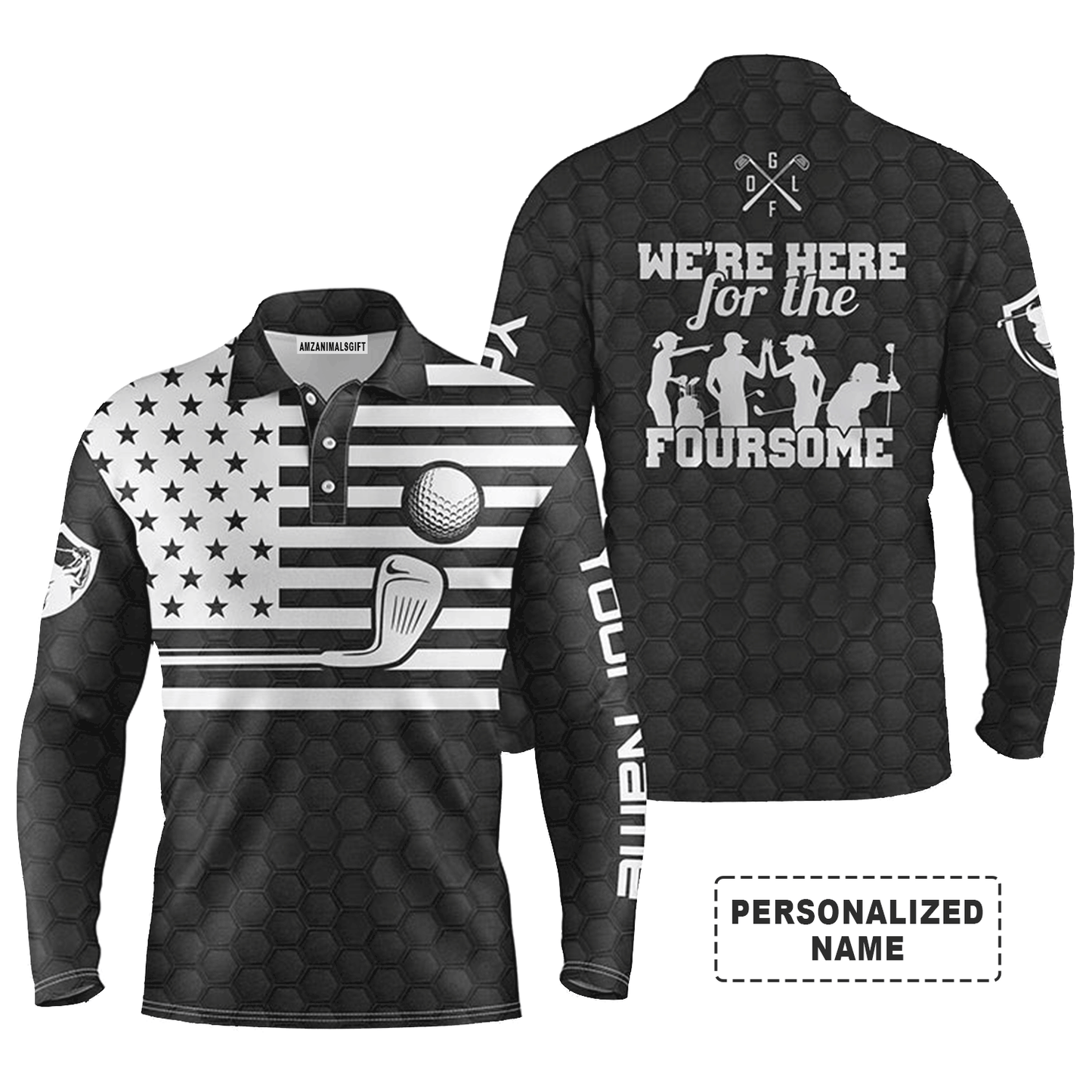 Custom Golf Long Sleeve Men Polo Shirt, Custom Name American Flag Black White Apparel Men Golf Polo Shirt, Personalized Gift For Golf Lover, Patriotic