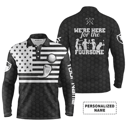 Custom Golf Long Sleeve Men Polo Shirt, Custom Name American Flag Black White Apparel Men Golf Polo Shirt, Personalized Gift For Golf Lover, Patriotic