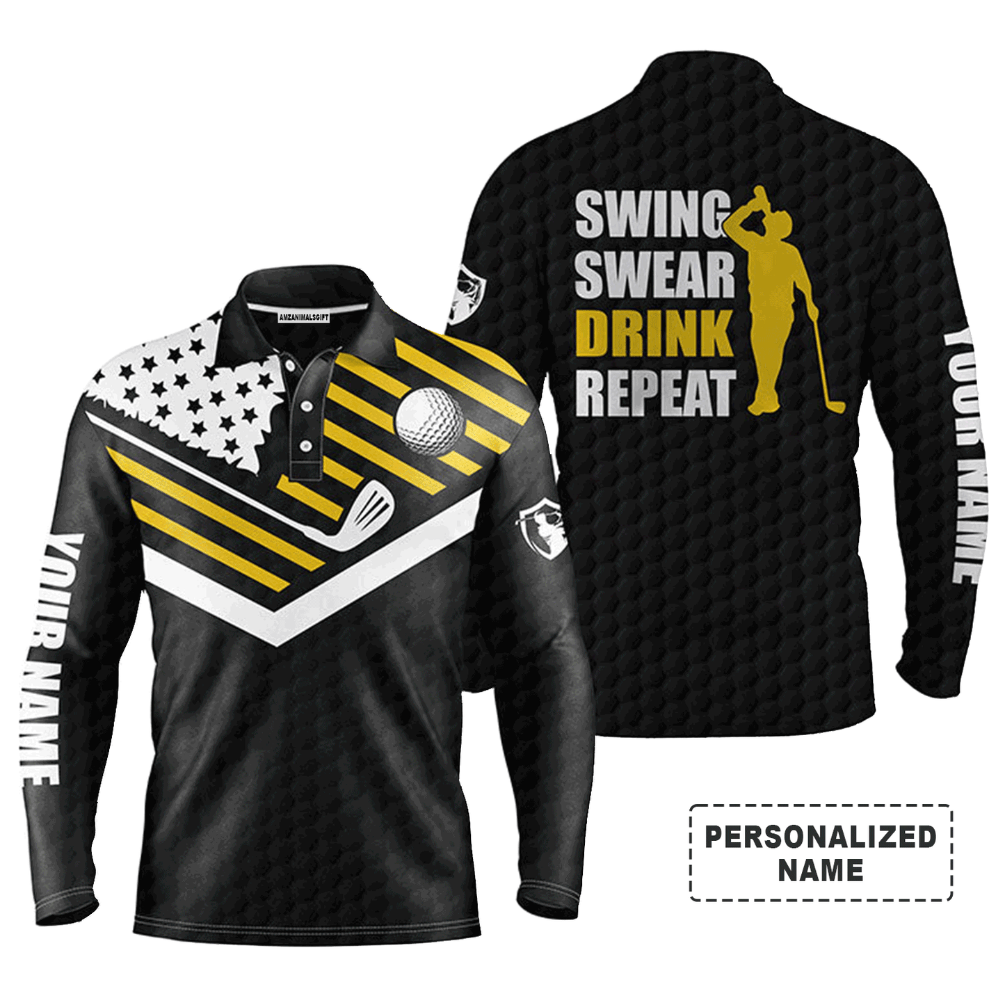 Custom Golf Long Sleeve Men Polo Shirt, Custom Name Black American Flag Swing Swear Drink Repeat Men Golf Polo Shirt For Golf Lover