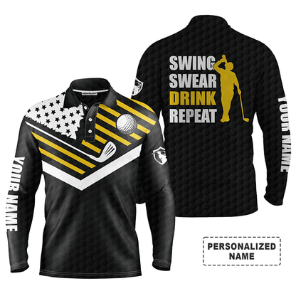 Custom Golf Long Sleeve Men Polo Shirt, Custom Name Black American Flag Swing Swear Drink Repeat Men Golf Polo Shirt For Golf Lover
