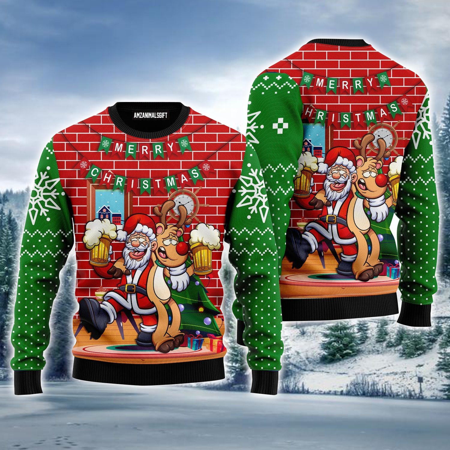 Santa Claus Ugly Sweater, Funny Santa Drink Beer With Reindeer Ugly Sweater For Men & Women, Perfect Gift For Christmas, Friends, Family