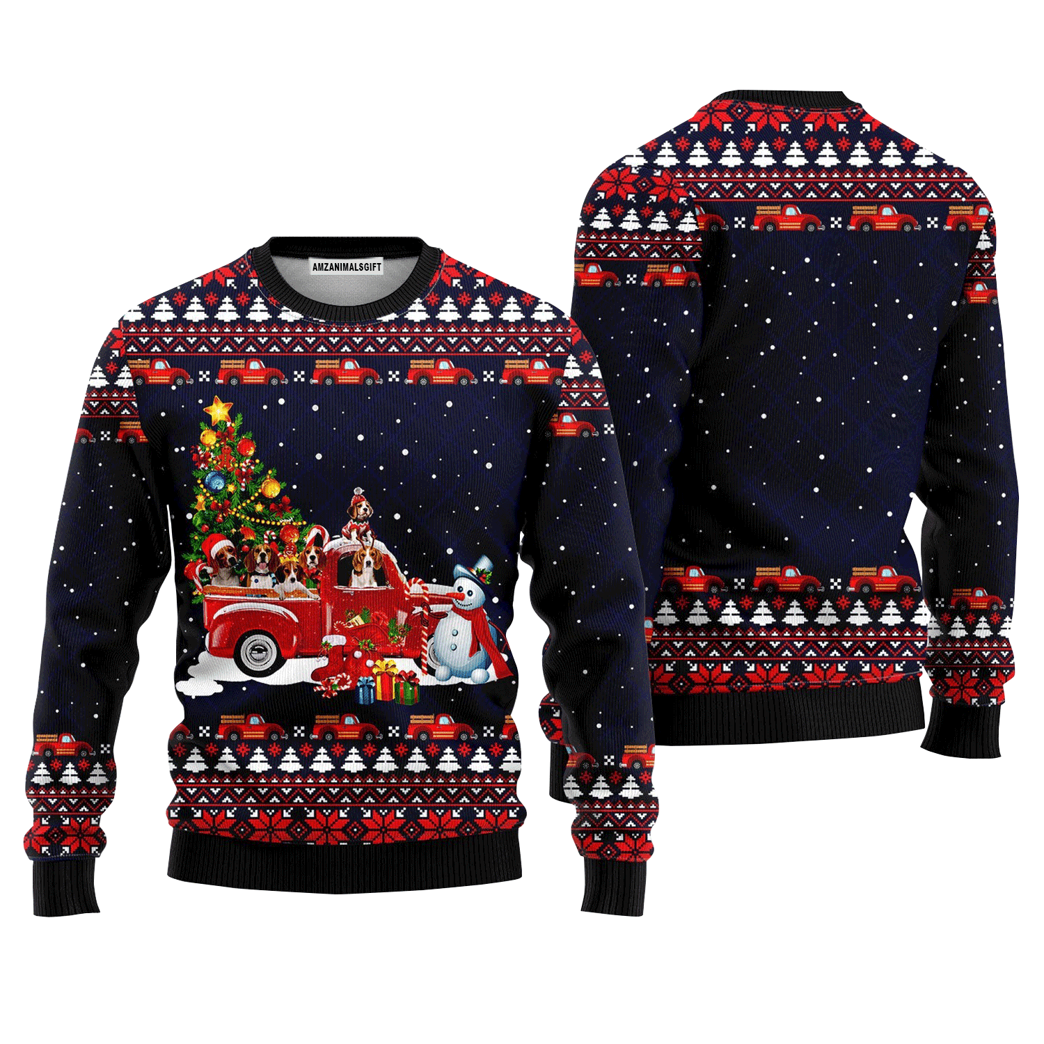 Funny Dogs With Red Truck Christmas Holiday Sweater, Ugly Sweater For Men & Women, Perfect Outfit For Christmas New Year Autumn Winter